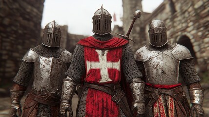 Three Medieval Knights in Armor with Cross Symbol Standing Proudly