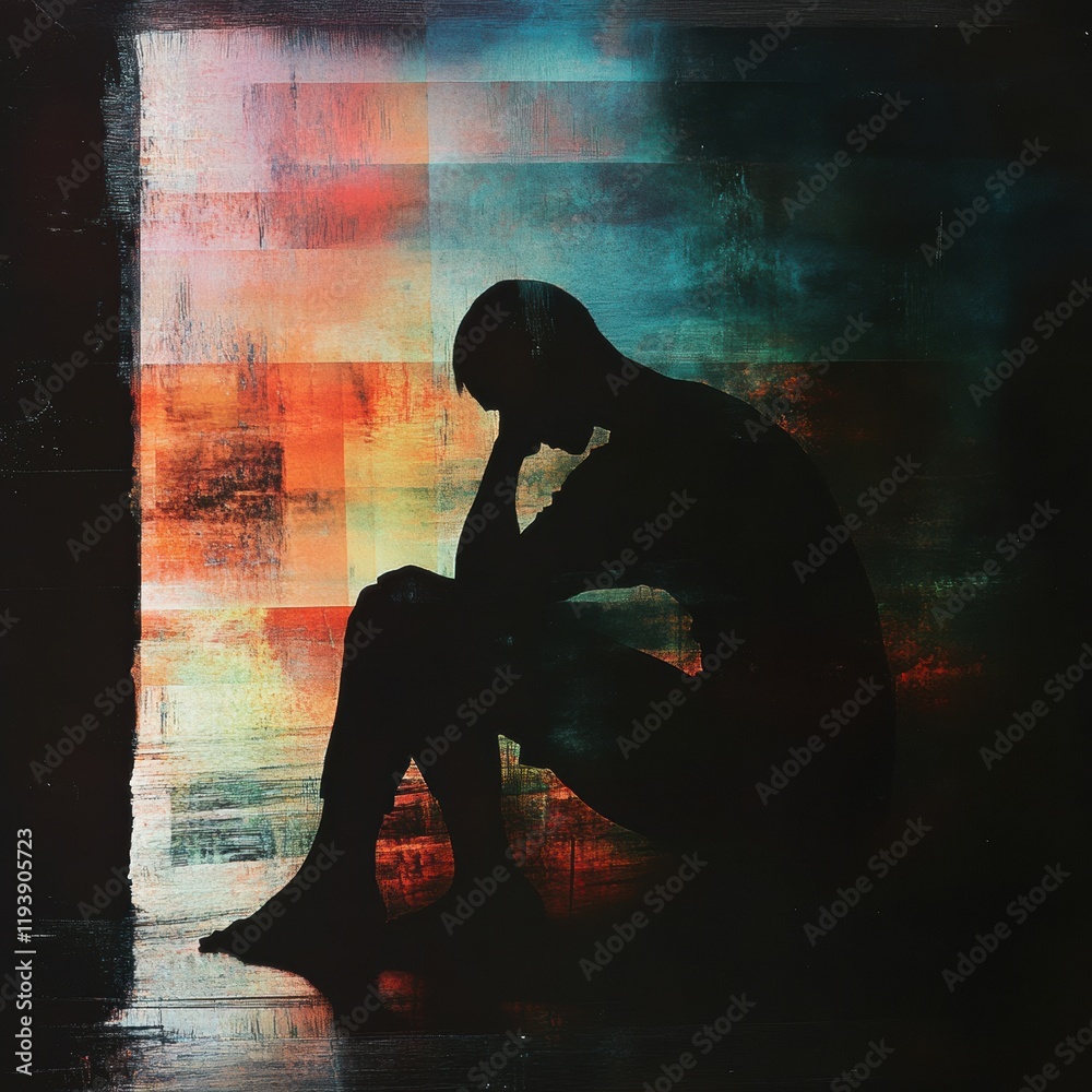 Leinwandbilder person sits in shadow reflecting mental turmoil amidst abstract colorful elements during a quiet mom