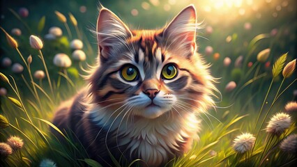 Adorable kitten, captivating big eyes, photographed from above, seeks cuddles.