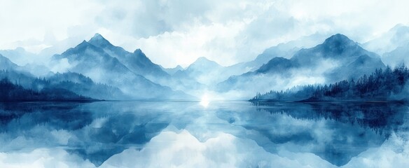 Obraz premium Calm Blue Watercolor Abstract Landscape with Soft Light and Minimalist Design
