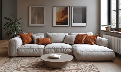 Minimalist Living Room Mock Up with Light Gray Sofa and Geometric Decor