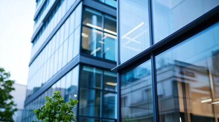 Modern Glass Office Building Exteriors with Reflective Windows and Urban Environment : Generative AI
