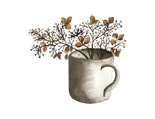 Watercolor illustration of a cup with wildflowers