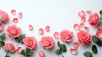 Romantic pink roses and petals floral arrangement white background close-up