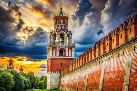Ancient Russian heritage shines in the Novodevichy Convent's brick tower; a historic fortress echoing Kremlin architecture.