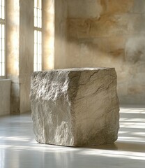 Minimalist Stone Block Sculpture Display Stand with Natural Lighting Background