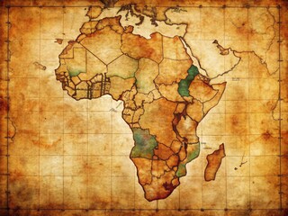 Naklejka premium A retro African continent map, reminiscent of antique atlases and old-world geographic exploration, awaits discovery.