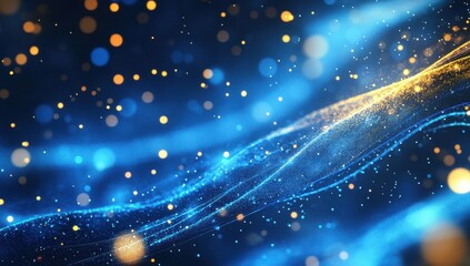 Fototapeta premium Vibrant blue and golden bokeh lights shimmering in an abstract background, creating a dreamy and festive atmosphere with flowing waves and sparkles of light.