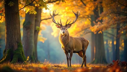 Autumn paints the forest where a magnificent red deer buck, Cervus elaphus, stands proudly. Wildlife at its finest.