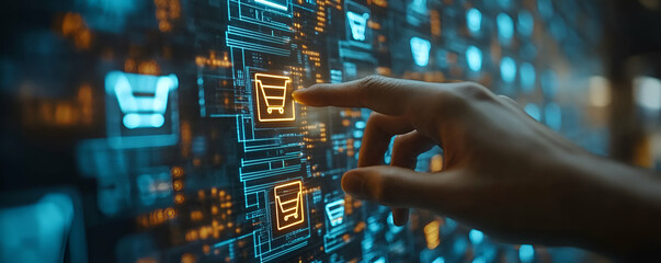 Fototapeta premium Finger selects online cart; digital screen; e-commerce
