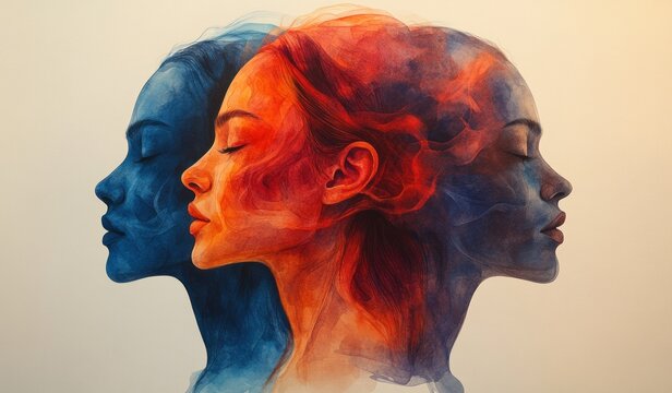 Bipolar Disorder Mental Health Concept with Human Profiles and Emotions in Watercolor - Powered by Adobe