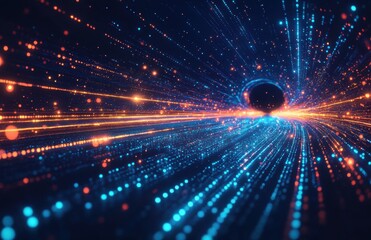 Fototapeta premium Vibrant Cosmic Tunnel with Light Trails, Bright Particles, and Abstract Patterns Creating a Mystical Journey Through Space and Time