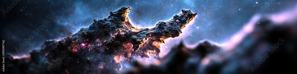 Wall mural digital rendering of nebula and rocky formation in space