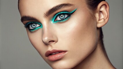 Fototapeta premium A portrait where neon teal eyes dominate the frame with a sleek minimal complexion that highlights the boldness of the makeup. The neutral tones of the background provide a perfect