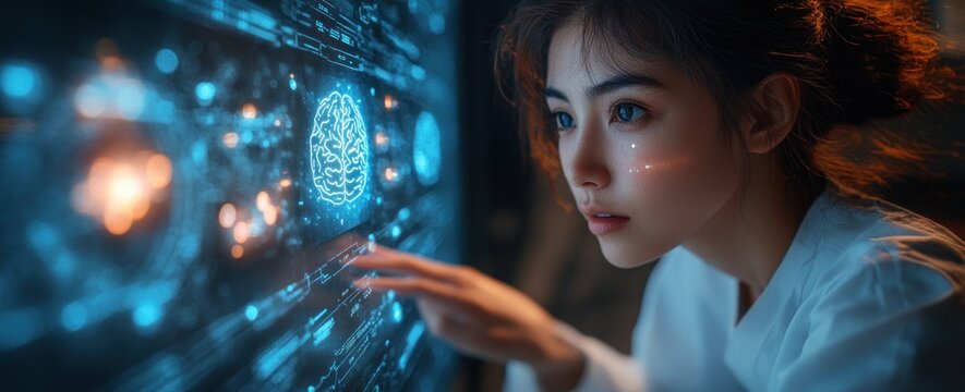 Doctor Analyzing Holographic Brain Data in Futuristic Medical Environment