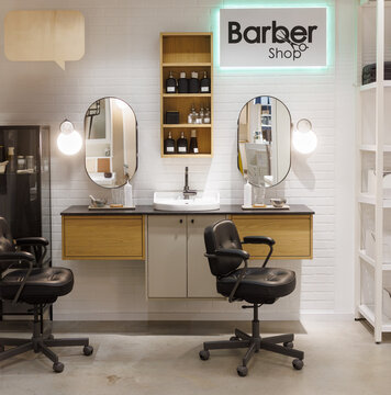 Barbershop interior with chairs and light bulbs