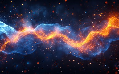Vibrant Flow of Energy and Light in a Cosmic Background with Glowing Particles and Nebula Effects for Abstract Artistic Representation