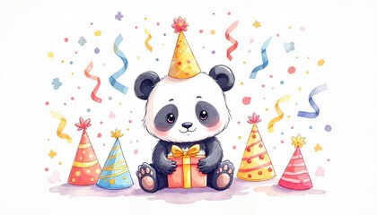 Naklejka premium Cute panda celebrating with gift and party hats