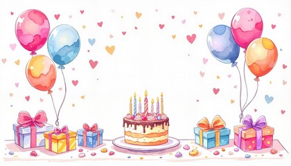 Colorful birthday cake with balloons and gifts on festive background