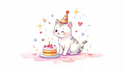 Happy cat celebrating with a birthday cake