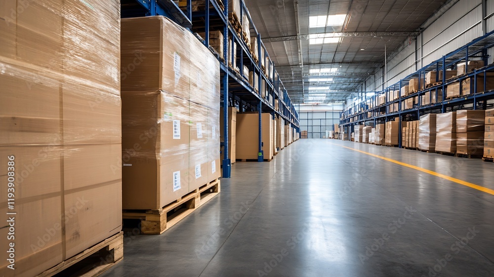 Aufkleber Spacious Modern Warehouse with Shipping Boxes and Efficient Storage Solutions : Generative AI