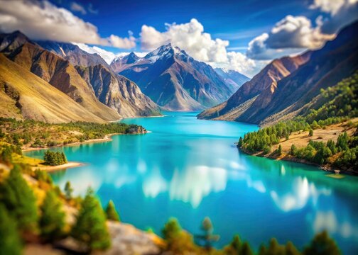 Dolpa, Nepal's Phoksundo Lake:  A mesmerizing alpine lake, showcased in stunning tilt-shift photography.