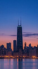 Fototapeta premium tall buildings illuminated at sunset next to a lake in Dubai with copy space vertically 9:16