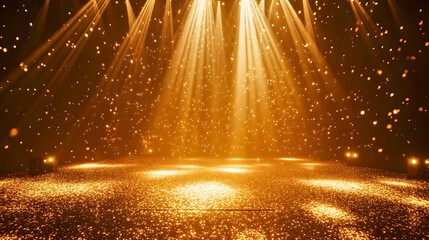 Golden Stage with Bright Lights and Sparkling Particles Creating a Festive Atmosphere for Events, Performances, and Celebrations