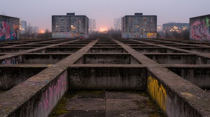 Obraz premium Abandoned Urban Site with Graffiti and Fog at Dusk Landscape