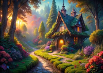 Obraz premium Enchanted cottage nestled in a fantasy forest, surreal landscape, magical aura surrounds.