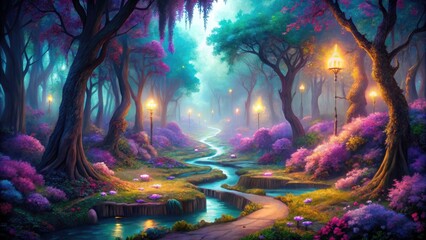 Enchanting digital painting: a fairytale forest bathed in purple and cyan hues.