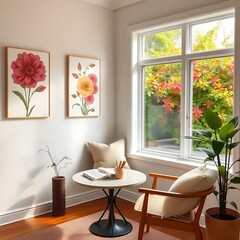 Sunlit Corner with Floral Art and Comfortable Chair