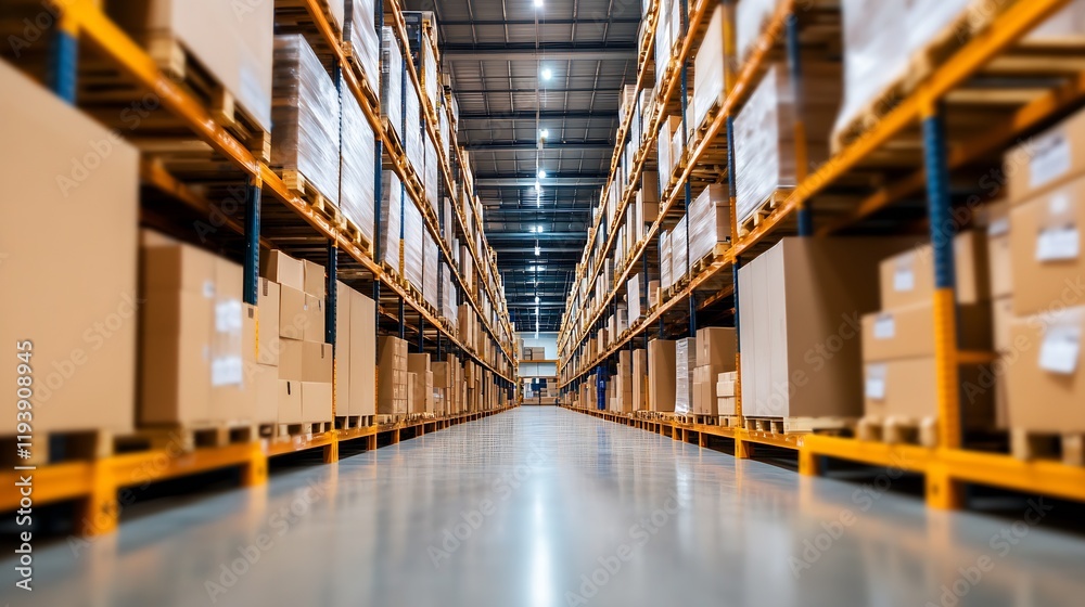 Aufkleber vast warehouse interior with rows of stacked pallets and boxes : generative ai