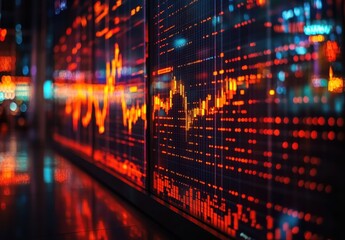 Fototapeta premium Vivid Visualization of Stock Market Trends with Neon Data Charts and Glowing Indicators Displayed on a Modern Digital Screen in an Urban Environment
