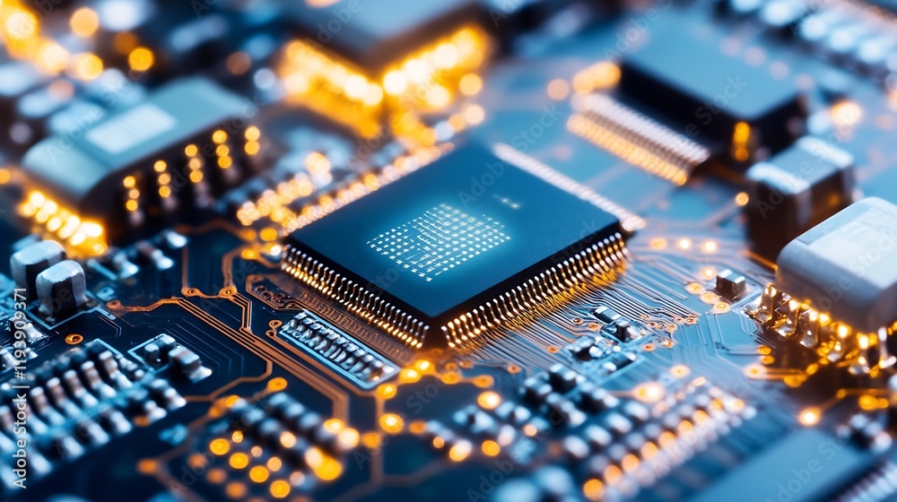 Fototapete Close-up of a microprocessor circuit board with glowing components and intricate designs : Generative AI