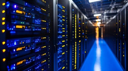 Modern Technology Data Center Room with Blue Illuminated Servers in Operation : Generative AI