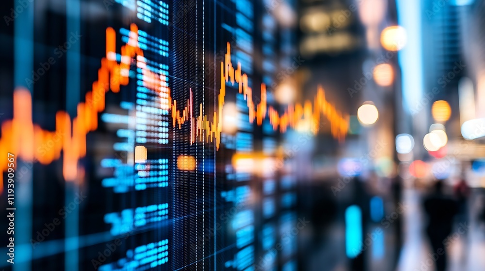 Aufkleber financial stock market data on screen with rising graph in urban city setting : generative ai