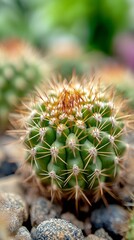 Fototapeta premium Closeup of a Vibrant Green Cactus with Sharp Spines on Pebbled Soil in a Succulent Garden : Generative AI