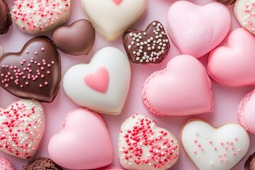 Obraz premium Colorful Assorted Heart Shaped Cookies with Sprinkles on Pink Background : Generative AI