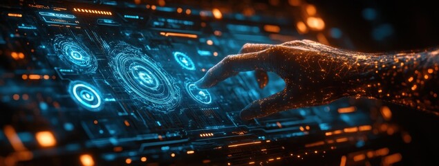 Hand Interacting with High-Tech Maintenance and Repair Digital Interface for Equipment Support and Servicing