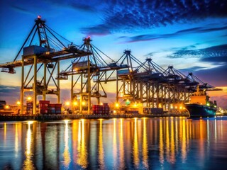 Fototapeta premium Industrial port at night; towering cranes, vessels, and cargo dominate the dark, atmospheric seascape.