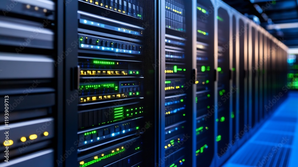 Leinwandbilder high-tech server room with modern networking equipment and glowing data lights : generative ai