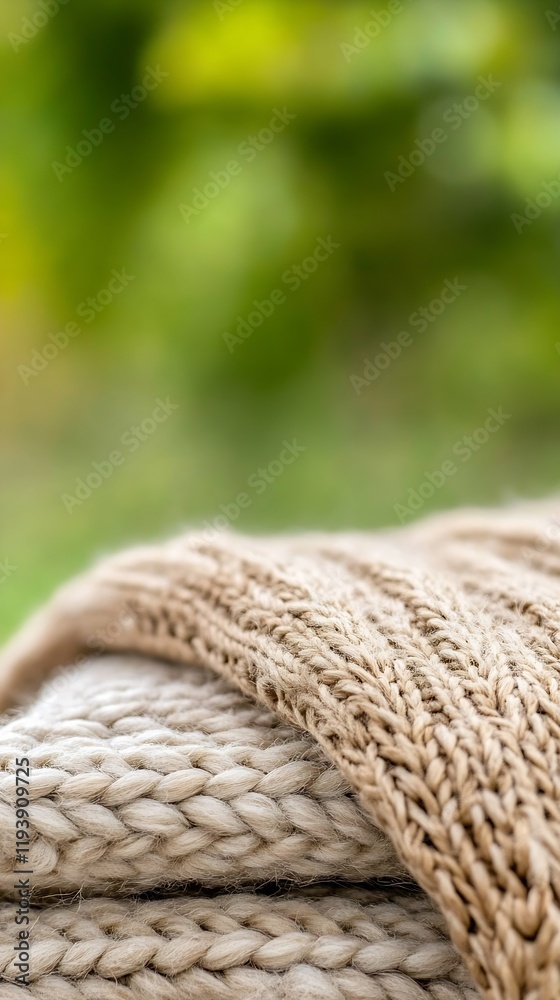 Poster close-up of folded knitted fabric in soft beige tones against a green backdrop : generative ai