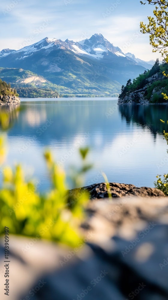 Poster scenic lake and mountain view with clear blue sky and greenery : generative ai