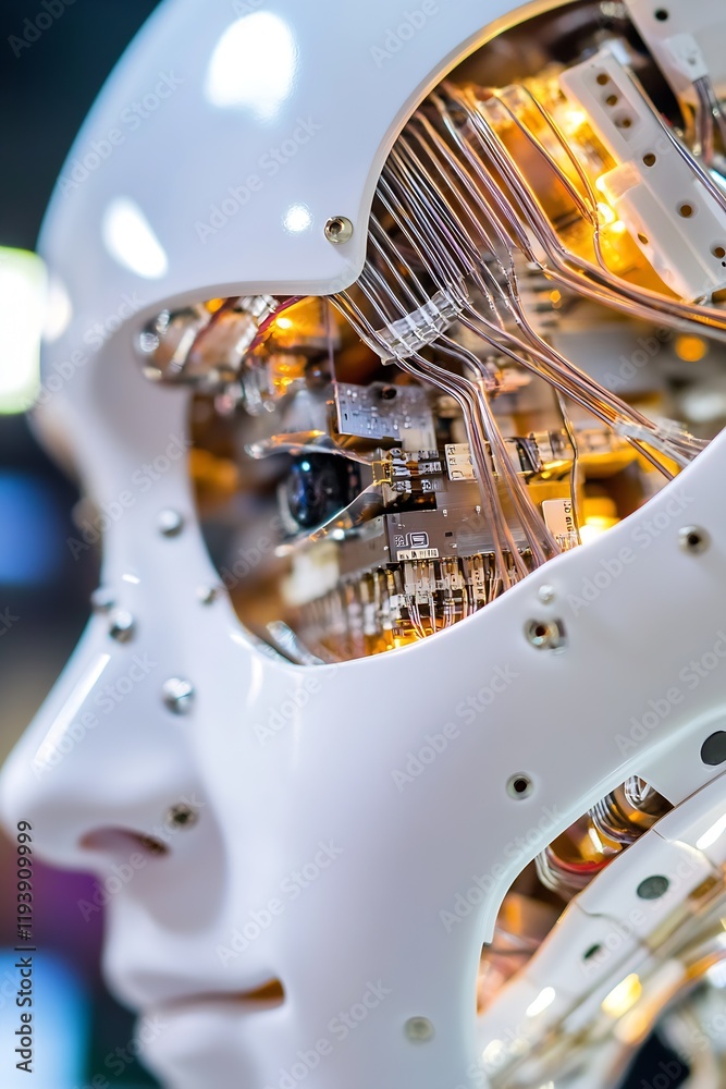 Poster Closeup of Futuristic Artificial Intelligence Robot with Visible Internal Components : Generative AI