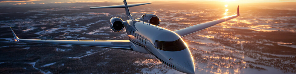 Silver Private Jet in Flight Over Snow-Covered Terrain at Sunset