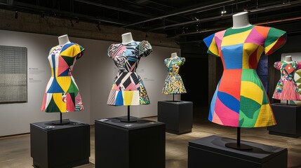 Colorful Fashion Dresses Displayed in Modern Art Gallery Setting