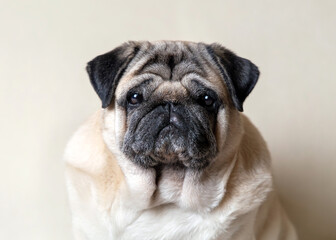Close-up portrait of a beige pug
