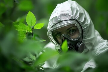 A person in protective gear examines plants in a lush green environment, highlighting the importance of ecological safety.