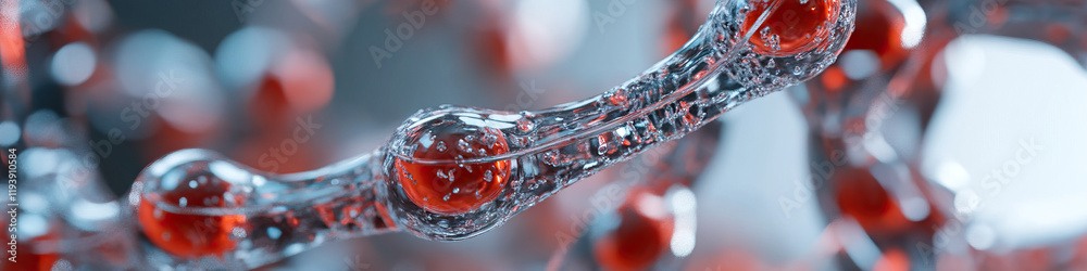 Poster microscopic image: interconnected translucent structure with red spheres